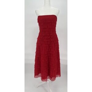 BCBG MaxAzria Red Tulle Midi Dress Size 2 Strapless Tiered Cocktail Evening Gown